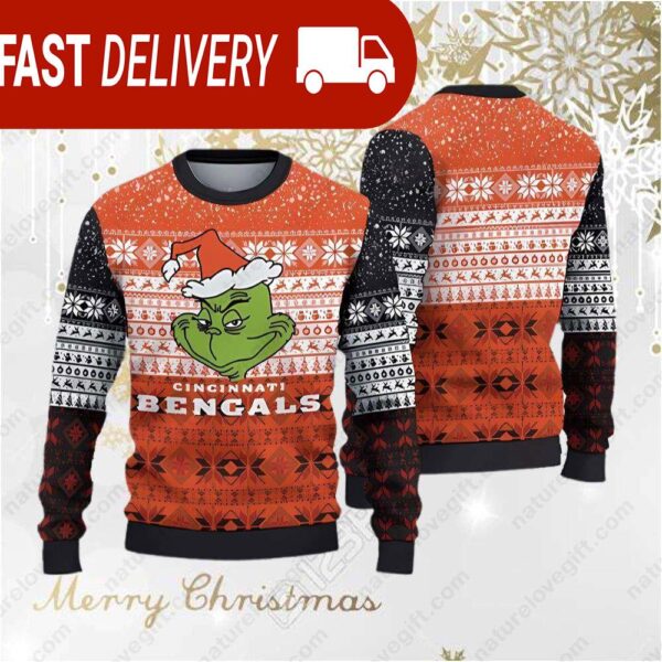 Cincinnati Bengals Christmas Grinch Ugly Sweater NFL Gifts - available at - rugbyfanstore.com