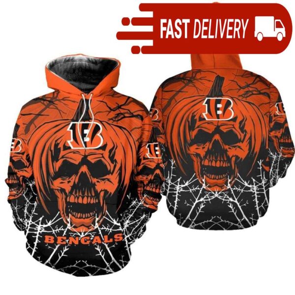 Cincinnati Bengals Pumpkin Skull 3D Halloween Hoodie Best NFL Gifts for Fans - available at - rugbyfanstore.com