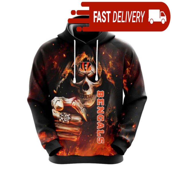 Cincinnati Bengals Skeleton Skull Pointing Halloween NFL Hoodie Gifts for Fans - available at - rugbyfanstore.com