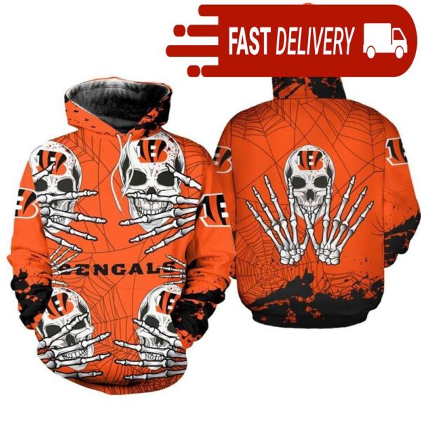 Cincinnati Bengals Skull 3D Hoodie for Halloween Best NFL Gifts for Fans - available at - rugbyfanstore.com