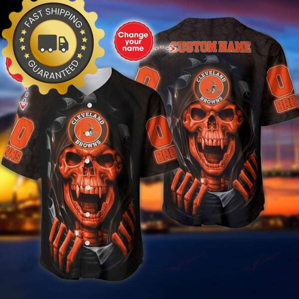 Cleveland Browns Custom NFL Jersey Skull Personalized Baseball Jersey - available at - rugbyfanstore.com