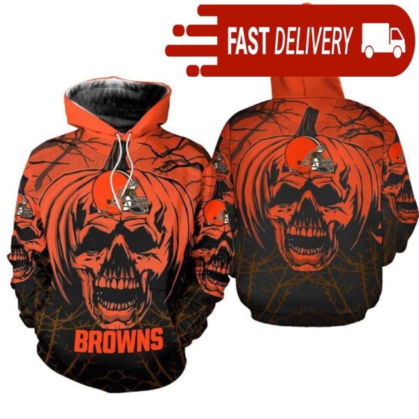 Cleveland Browns Pumpkin Skull 3D Halloween Hoodie Best NFL Gifts for Fans - available at - rugbyfanstore.com