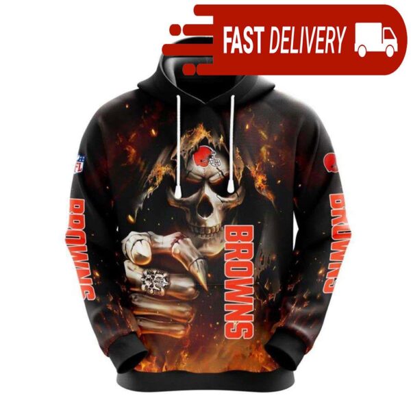 Cleveland Browns Skeleton Skull Pointing Halloween NFL Hoodie Gifts for Fans - available at - rugbyfanstore.com