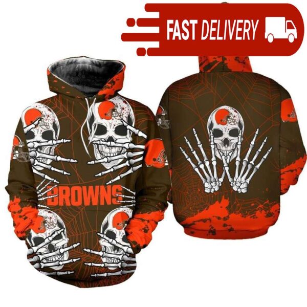 Cleveland Browns Skull 3D Hoodie for Halloween Best NFL Gifts for Fans - available at - rugbyfanstore.com