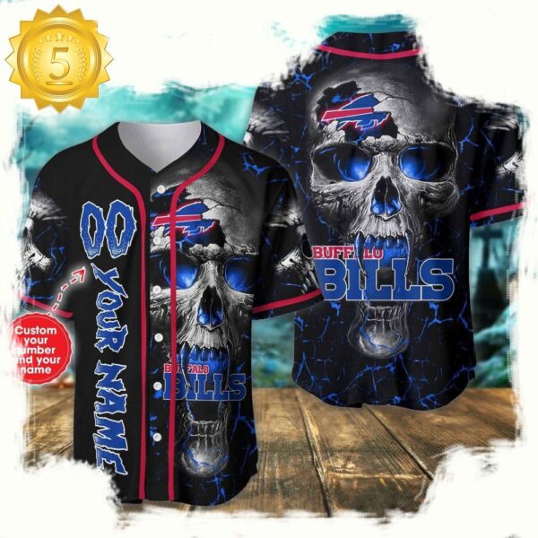 Custom Name And Number Buffalo Bills NFL Team Skull Baseball Jersey Shirt - available at - rugbyfanstore.com