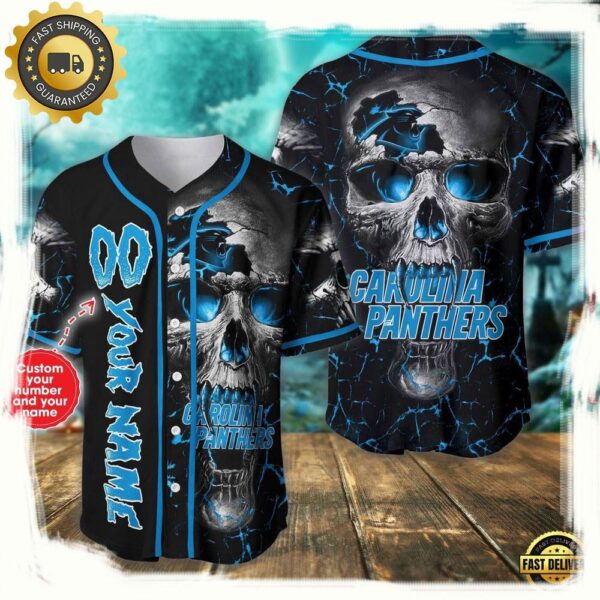 Custom Name And Number Carolina Panthers NFL Team Skull Baseball Jersey Shirt - available at - rugbyfanstore.com