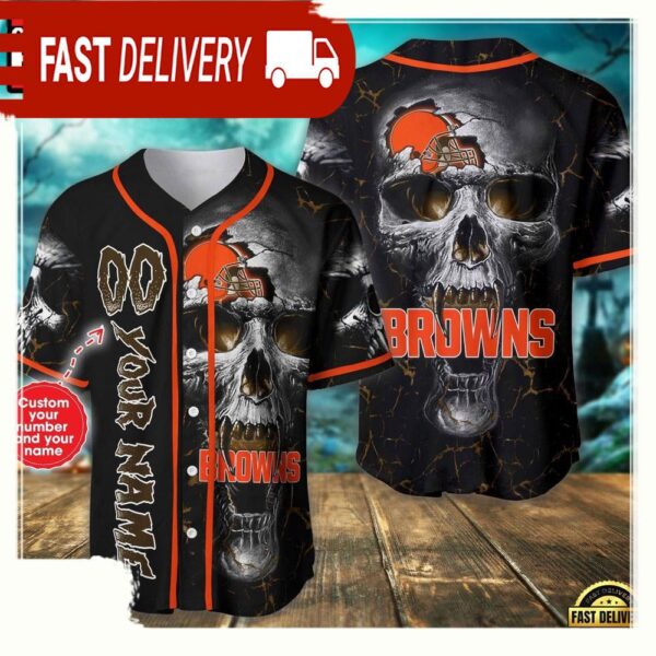 Custom Name And Number Cleveland Browns NFL Team Skull Baseball Jersey Shirt - available at - rugbyfanstore.com