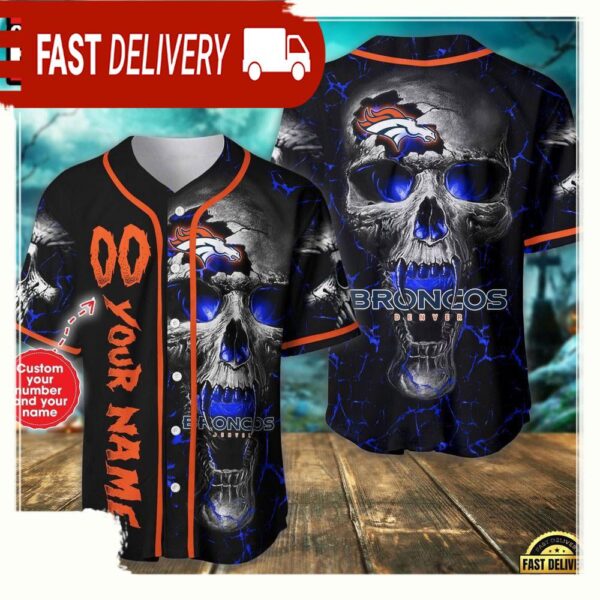 Custom Name And Number Denver Broncos NFL Team Skull Baseball Jersey Shirt - available at - rugbyfanstore.com