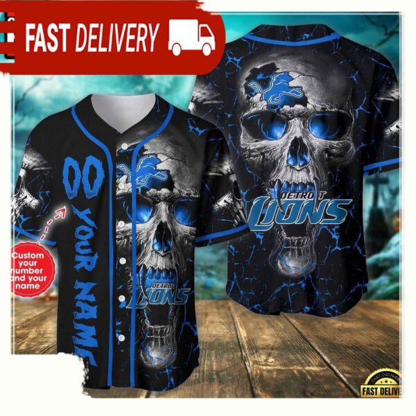 Custom Name And Number Detroit Lions NFL Team Skull Baseball Jersey Shirt - available at - rugbyfanstore.com