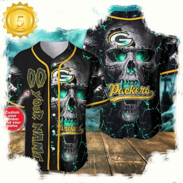 Custom Name And Number Green Bay Packers NFL Team Skull Baseball Jersey Shirt - available at - rugbyfanstore.com