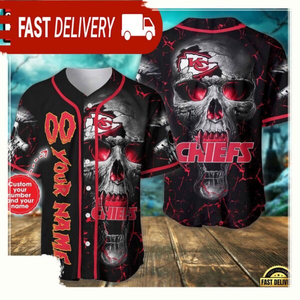 Custom Name And Number Kansas City Chiefs NFL Team Skull Baseball Jersey Shirt - available at - rugbyfanstore.com