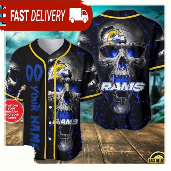 Custom Name And Number Los Angeles Rams NFL Team Skull Baseball Jersey Shirt - available at - rugbyfanstore.com