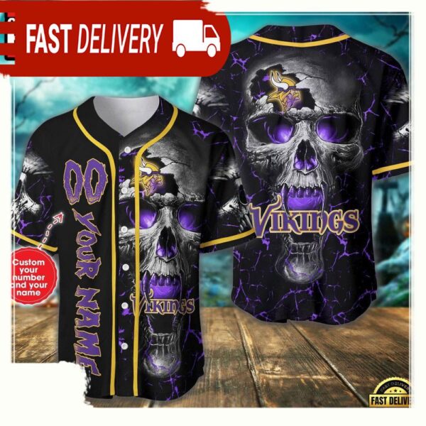 Custom Name And Number Minnesota Vikings NFL Team Skull Baseball Jersey Shirt - available at - rugbyfanstore.com