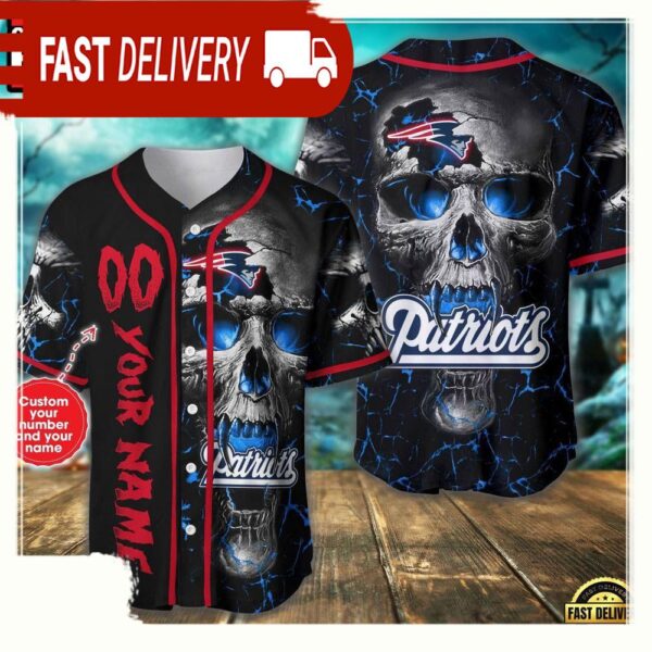 Custom Name And Number New England Patriots NFL Team Skull Baseball Jersey Shirt - available at - rugbyfanstore.com