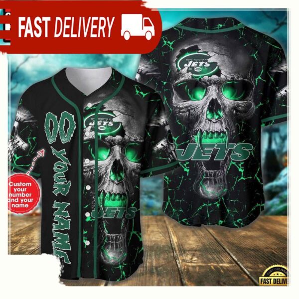 Custom Name And Number New York Jets NFL Team Skull Baseball Jersey Shirt - available at - rugbyfanstore.com