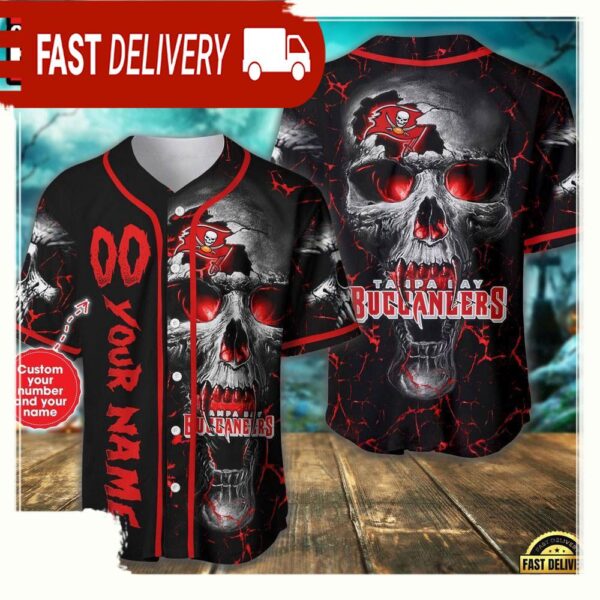 Custom Name And Number Tampa Bay Buccaneers NFL Team Skull Baseball Jersey Shirt - available at - rugbyfanstore.com