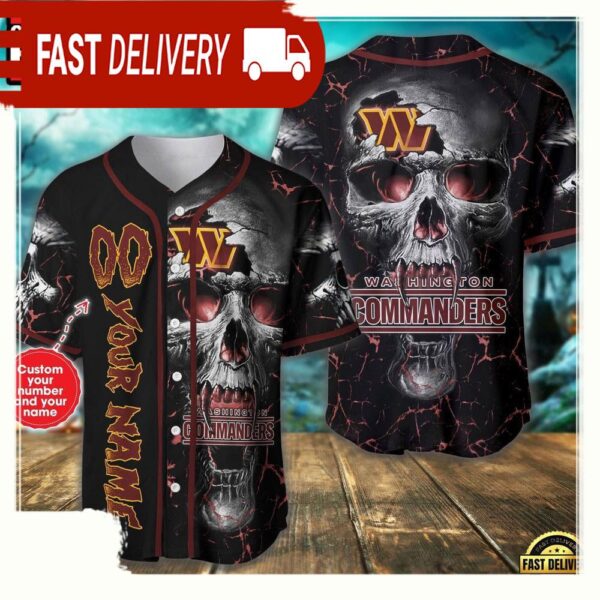 Custom Name And Number Washington Commanders NFL Team Skull Baseball Jersey Shirt - available at - rugbyfanstore.com