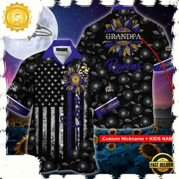 Custom Name NFL Baltimore Ravens Sunflower For Mother Day Father Day Hawaiian Shirt - available at - rugbyfanstore.com