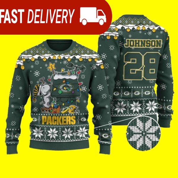 Custom Name Snoopy Green Bay Packers NFL Ugly Christmas Sweater - available at - rugbyfanstore.com