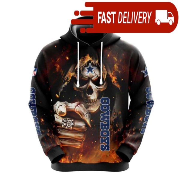 Dallas Cowboys Skeleton Skull Pointing Halloween NFL Hoodie Gifts for Fans - available at - rugbyfanstore.com