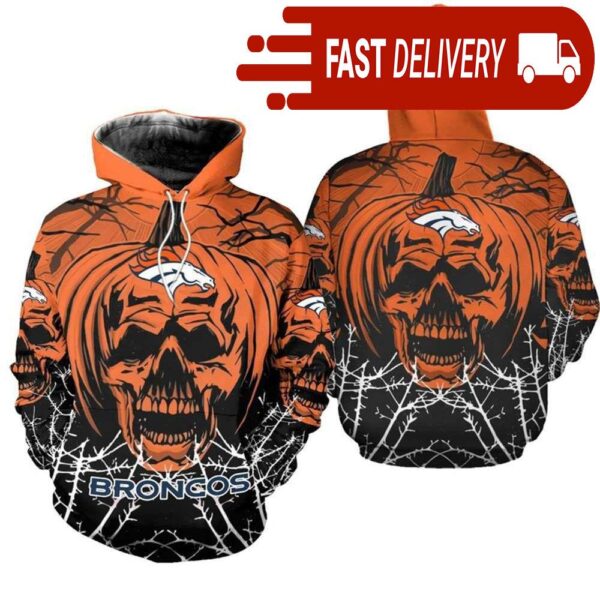 Denver Broncos Pumpkin Skull 3D Halloween Hoodie Best NFL Gifts for Fans - available at - rugbyfanstore.com