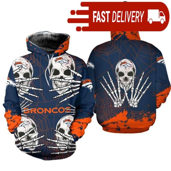 Denver Broncos Skull 3D Hoodie for Halloween Best NFL Gifts for Fans - available at - rugbyfanstore.com