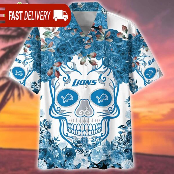 Detroit Lions Skull Rose Flower NFL Hawaiian Shirt - available at - rugbyfanstore.com