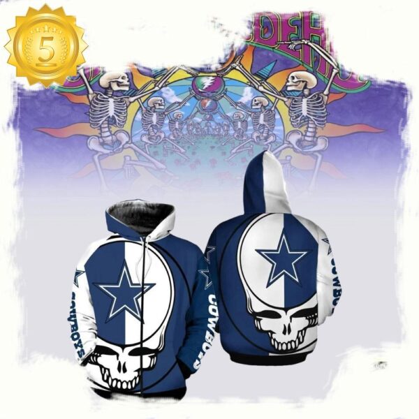 Grateful Dead Dallas Cowboys Skull Zip Hoodie 3D Printed - available at - rugbyfanstore.com