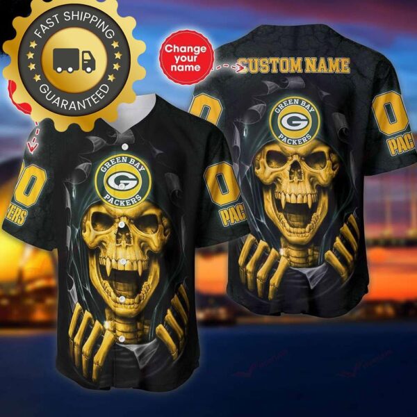 Green Bay Packers Custom NFL Jersey Skull Personalized Baseball Jersey - available at - rugbyfanstore.com