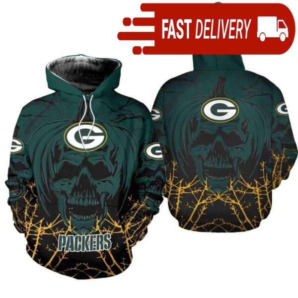 Green Bay Packers Pumpkin Skull 3D Halloween Hoodie Best NFL Gifts for Fans - available at - rugbyfanstore.com