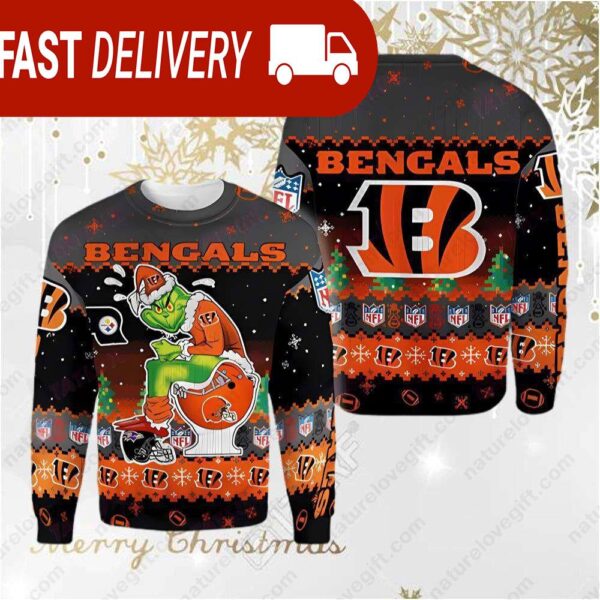 Grinch in Toilet Cincinnati Bengals NFL Ugly Christmas Sweater - available at - rugbyfanstore.com