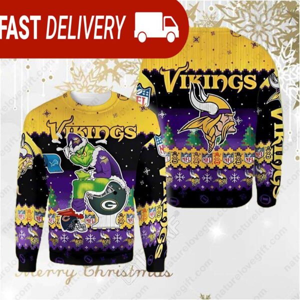 Grinch Minnesota Vikings Sit On Packers Team NFL Ugly Christmas Sweater - available at - rugbyfanstore.com