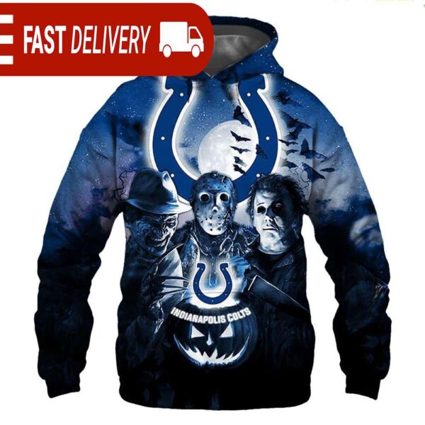 Indianapolis Colts Horror Night Freddy Jason Michael Myers Hoodie Halloween NFL Gifts - available at - rugbyfanstore.com