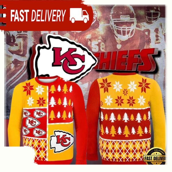 Kansas City Chiefs Busy Block NFL Red Yellow Color Ugly Christmas Sweater - available at - rugbyfanstore.com