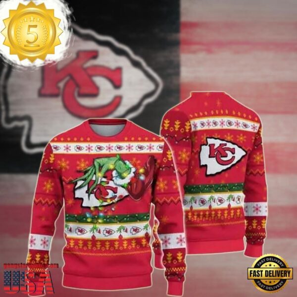 Kansas City Chiefs Grinch Hand NFL Red Color Ugly Christmas Sweater - available at - rugbyfanstore.com