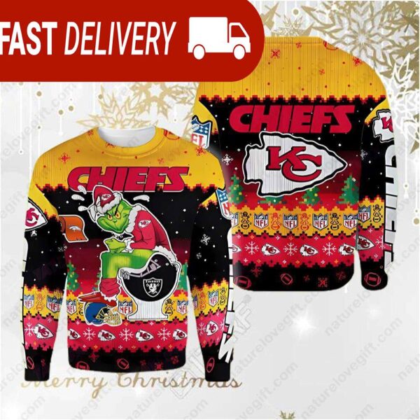 Kansas City Chiefs Grinch in Toilet American Football NFL Ugly Sweater - available at - rugbyfanstore.com