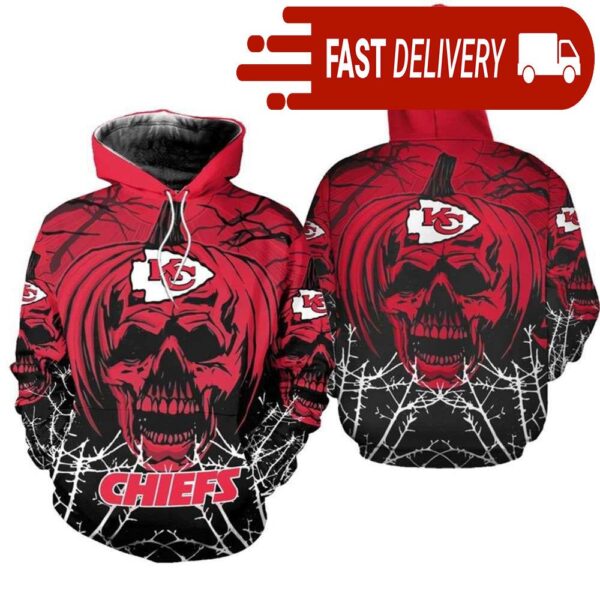 Kansas City Chiefs Pumpkin Skull 3D Halloween Hoodie Best NFL Gifts for Fans - available at - rugbyfanstore.com