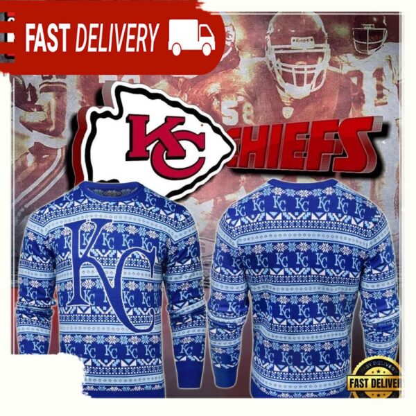 Kansas City Chiefs Royals NFL Blue Color Ugly Christmas Sweater - available at - rugbyfanstore.com