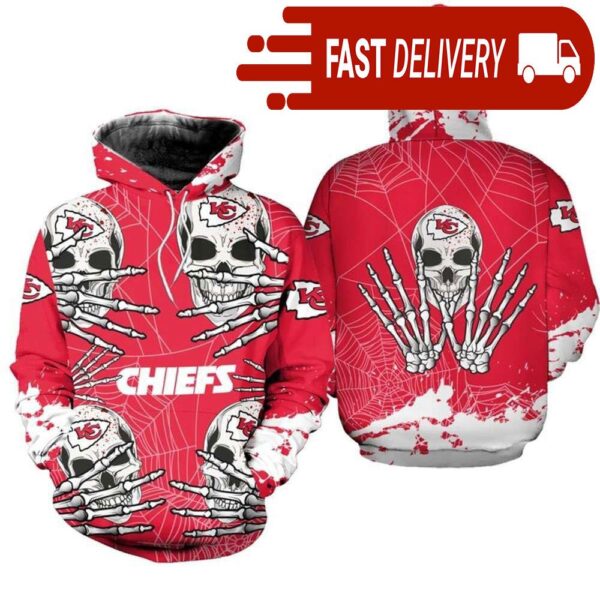 Kansas City Chiefs Skull 3D Hoodie for Halloween Best NFL Gifts for Fans - available at - rugbyfanstore.com