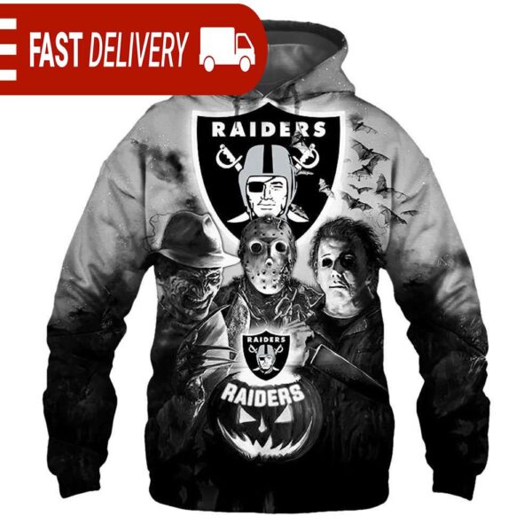 Las Vegas Raiders Horror Night Freddy Jason Michael Myers Hoodie Halloween NFL Gifts - available at - rugbyfanstore.com