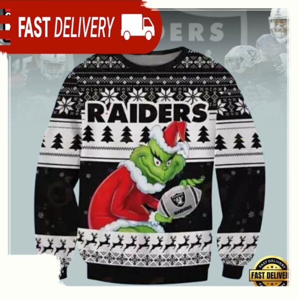 Las Vegas Raiders NFL Grinch Knitted Black White Color Ugly Christmas Sweater - available at - rugbyfanstore.com