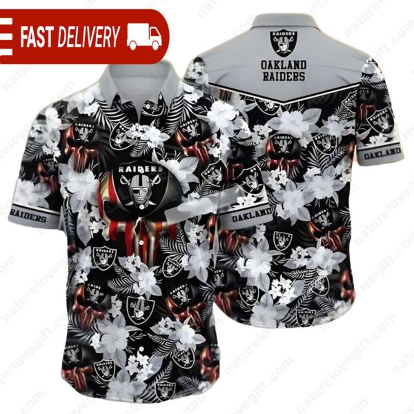 Las Vegas Raiders Skull Flowers Tropical NFL Hawaiian Shirt - available at - rugbyfanstore.com