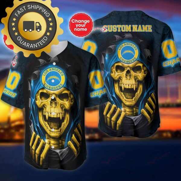 Los Angeles Chargers Custom NFL Jersey Skull Personalized Baseball Jersey - available at - rugbyfanstore.com