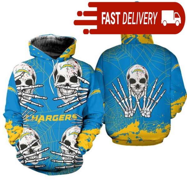 Los Angeles Chargers Skull 3D Hoodie for Halloween Best NFL Gifts for Fans - available at - rugbyfanstore.com