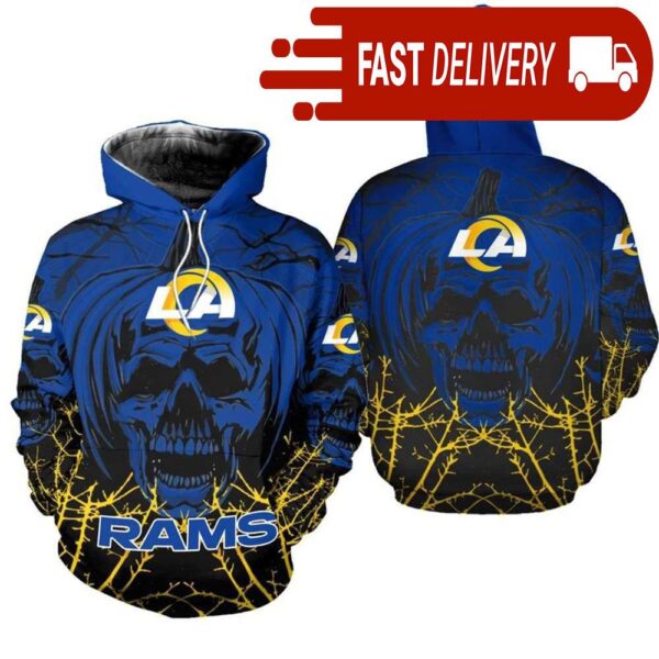 Los Angeles Rams Pumpkin Skull 3D Halloween Hoodie Best NFL Gifts for Fans - available at - rugbyfanstore.com