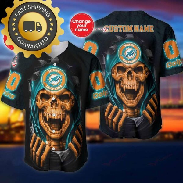 Miami Dolphins Custom NFL Jersey Skull Personalized Baseball Jersey - available at - rugbyfanstore.com