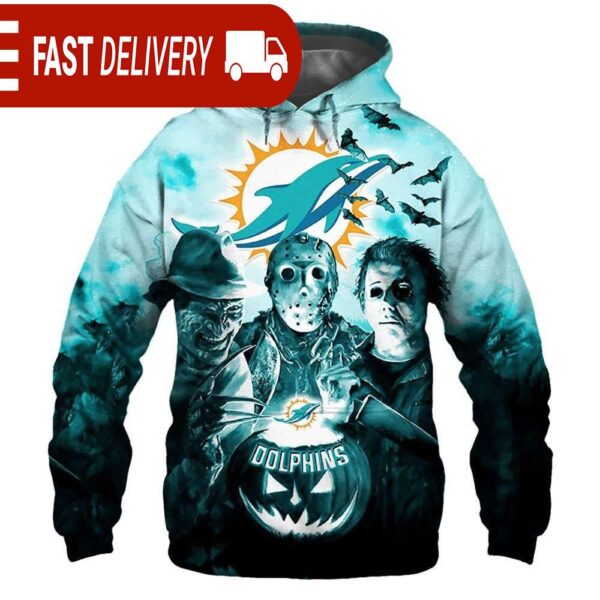 Miami Dolphins Horror Night Freddy Jason Michael Myers Hoodie Halloween NFL Gifts - available at - rugbyfanstore.com