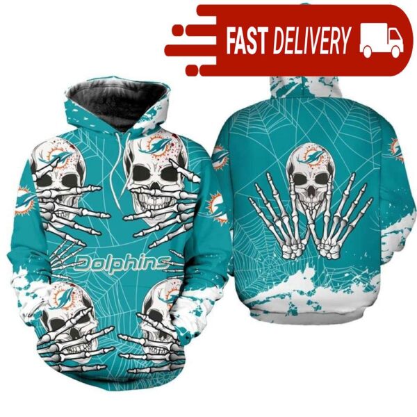 Miami Dolphins Skull 3D Hoodie for Halloween Best NFL Gifts for Fans - available at - rugbyfanstore.com