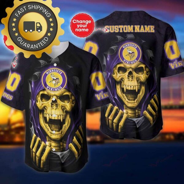 Minnesota Vikings Custom NFL Jersey Skull Personalized Baseball Jersey - available at - rugbyfanstore.com