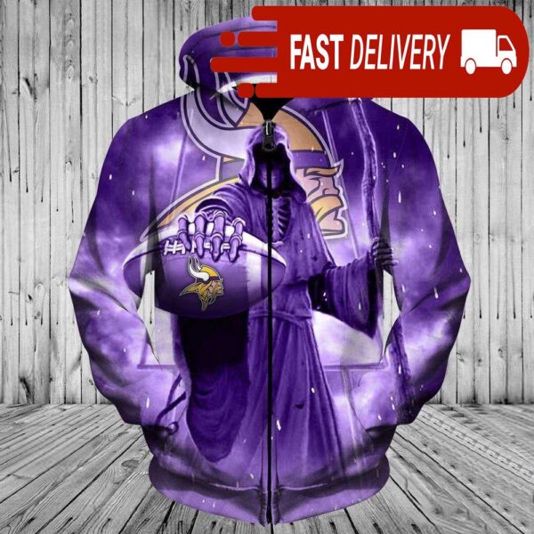 Minnesota Vikings Grim Reaper Holding Football Halloween NFL Hoodie Gifts for Fans - available at - rugbyfanstore.com